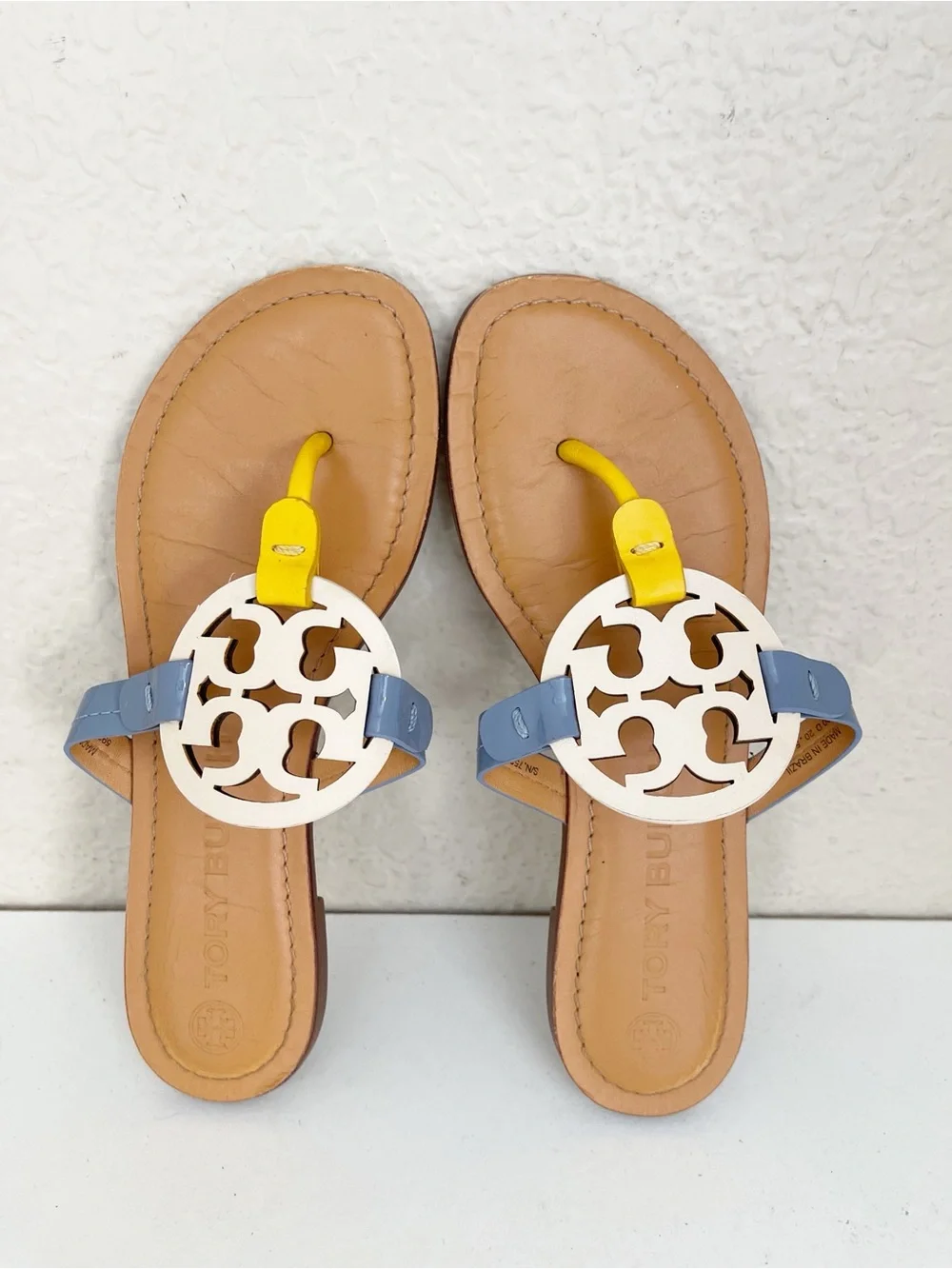 Tory Burch Miller Leather Thong Sandal in Yellow, Blue & White 7